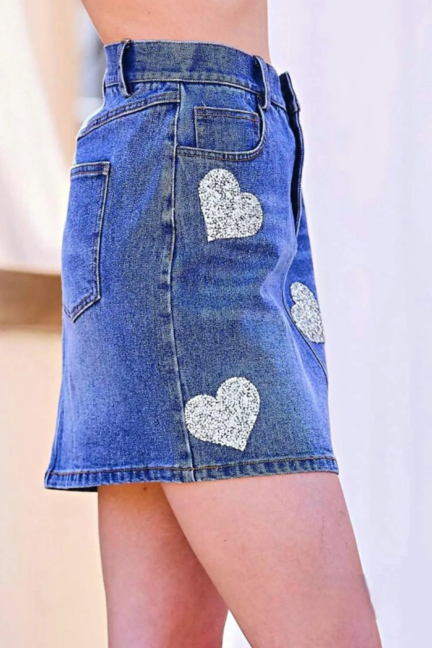 Abbey Sequined Hearts Denim Mini Skirt In Medium Wash