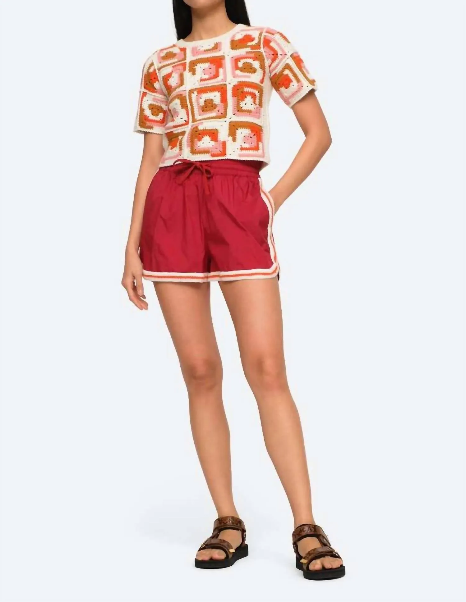 Avery Crochet Edge Shorts In Red
