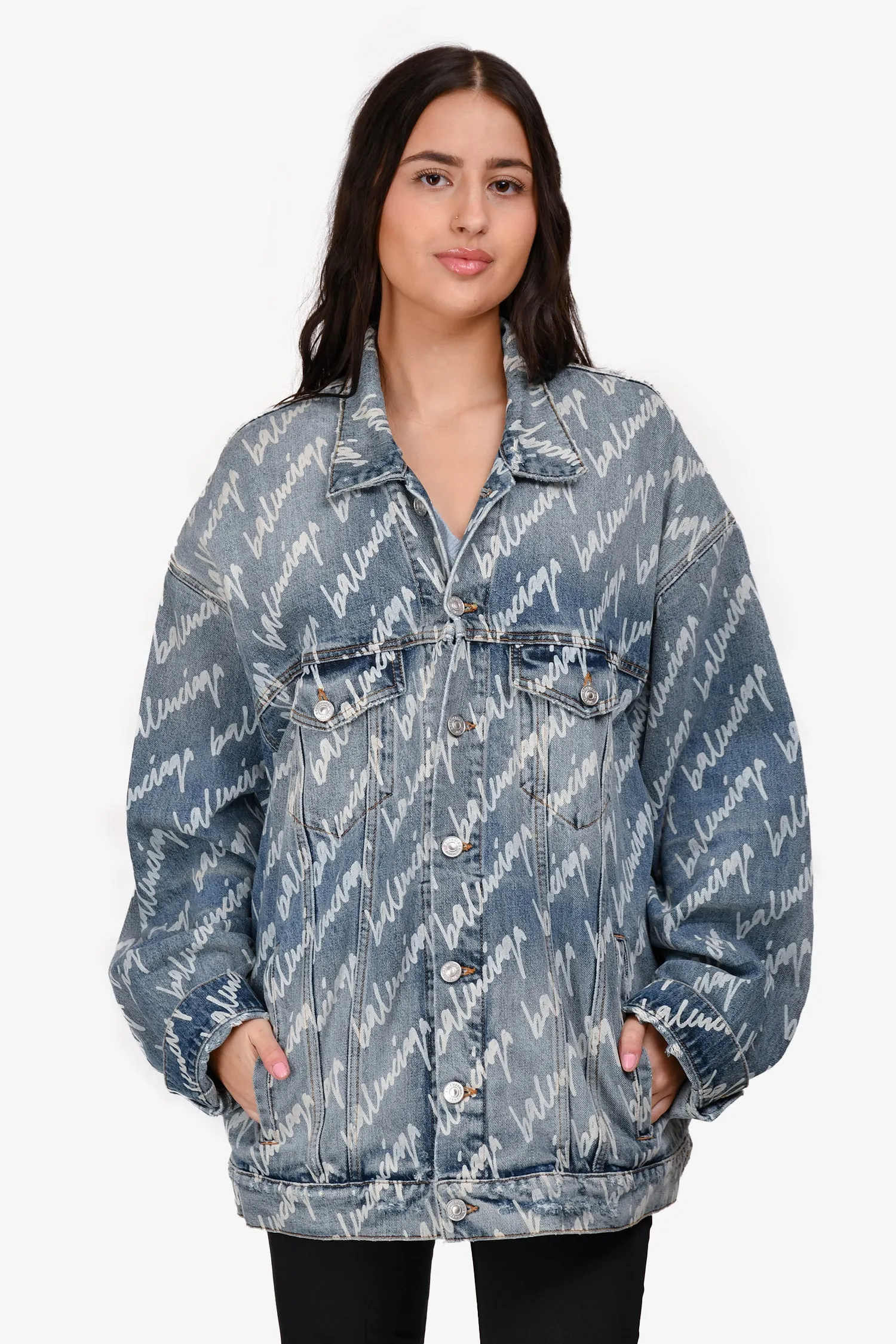 Balenciaga Blue Denim Logo All Over Jacket Size L Mens