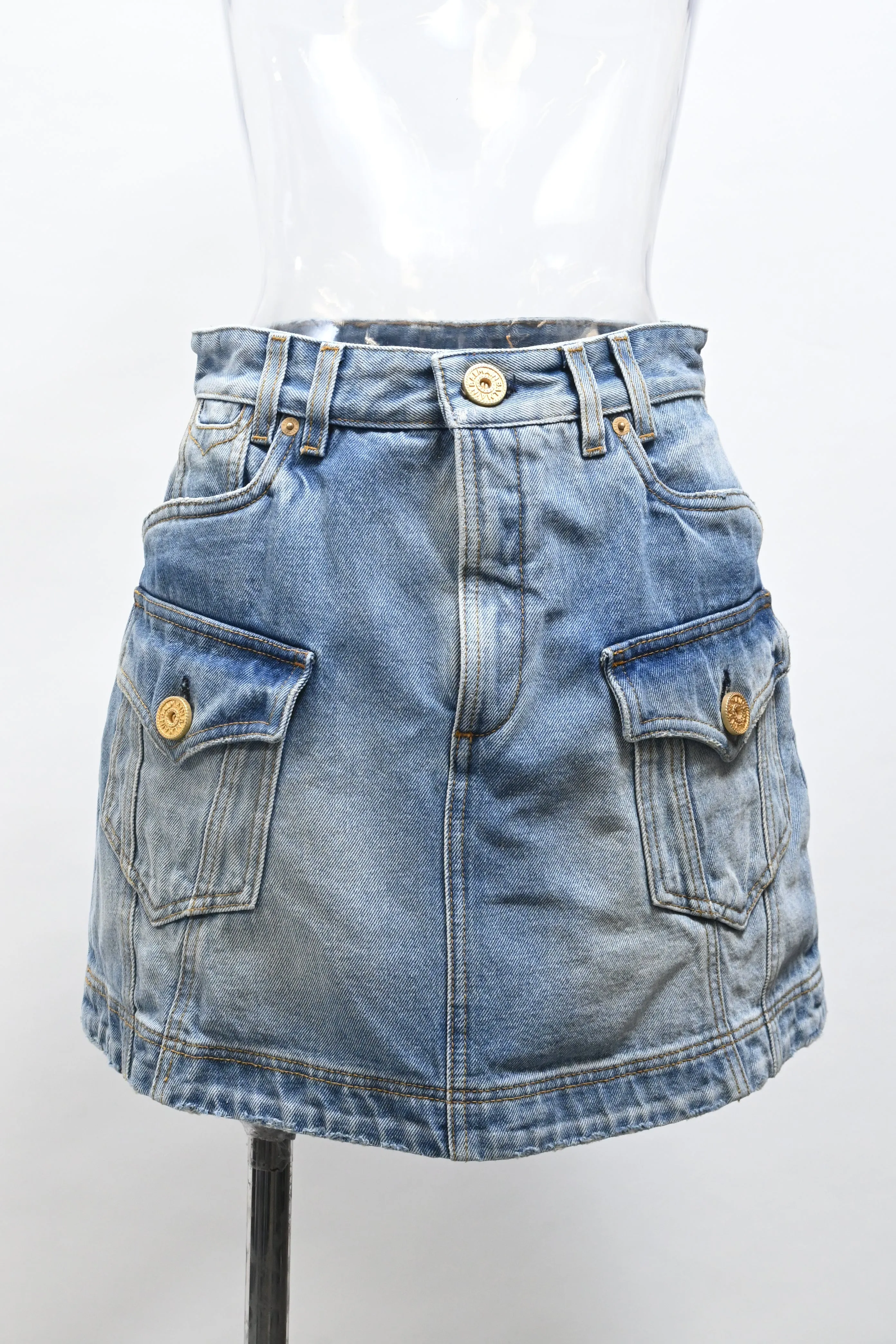 Balmain Mini Cargo Skirt in Blue Cotton Denim
