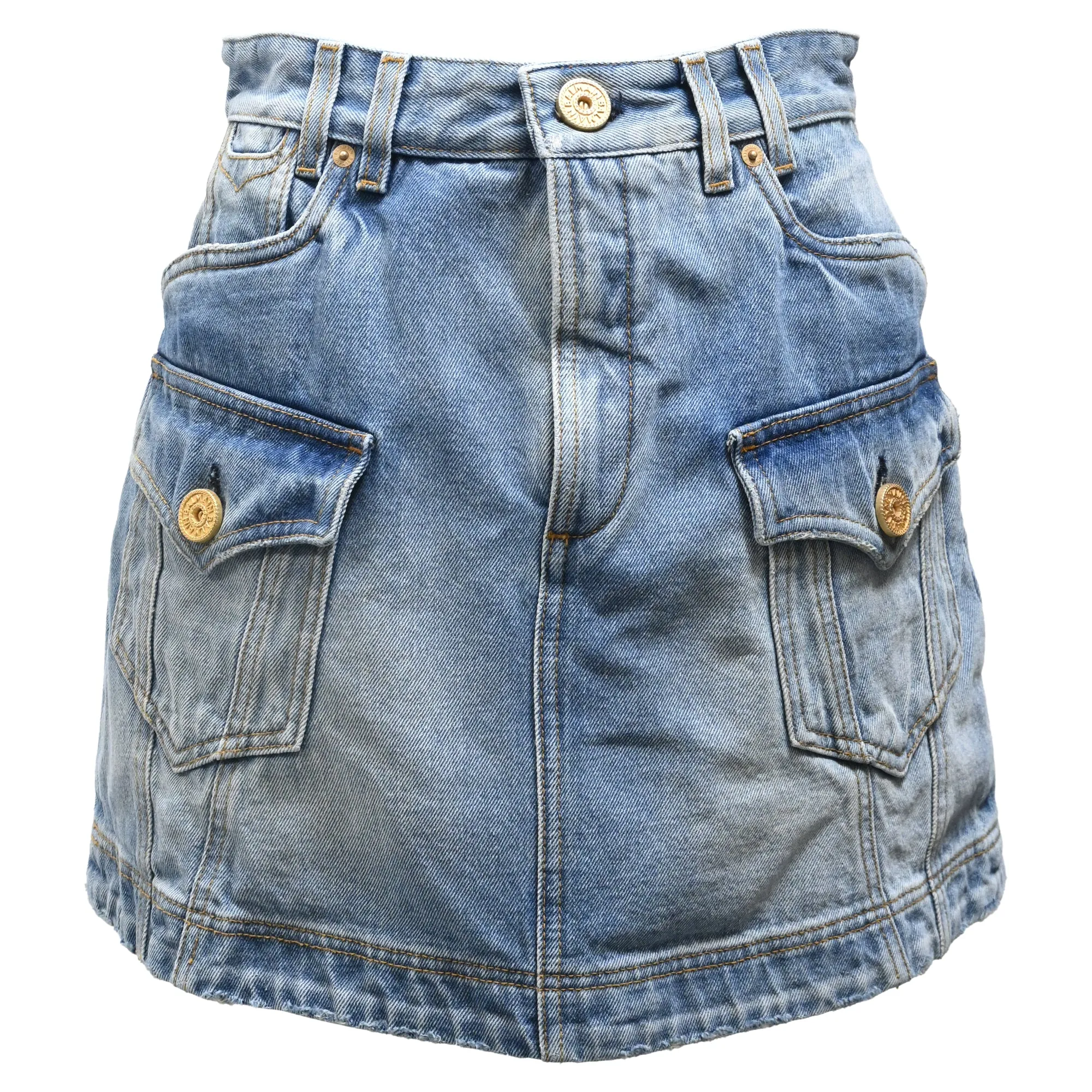 Balmain Mini Cargo Skirt in Blue Cotton Denim