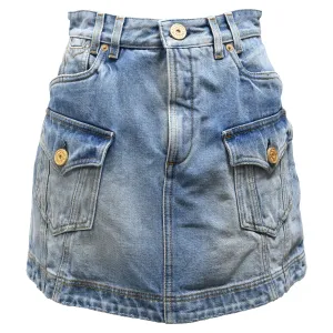 Balmain Mini Cargo Skirt in Blue Cotton Denim