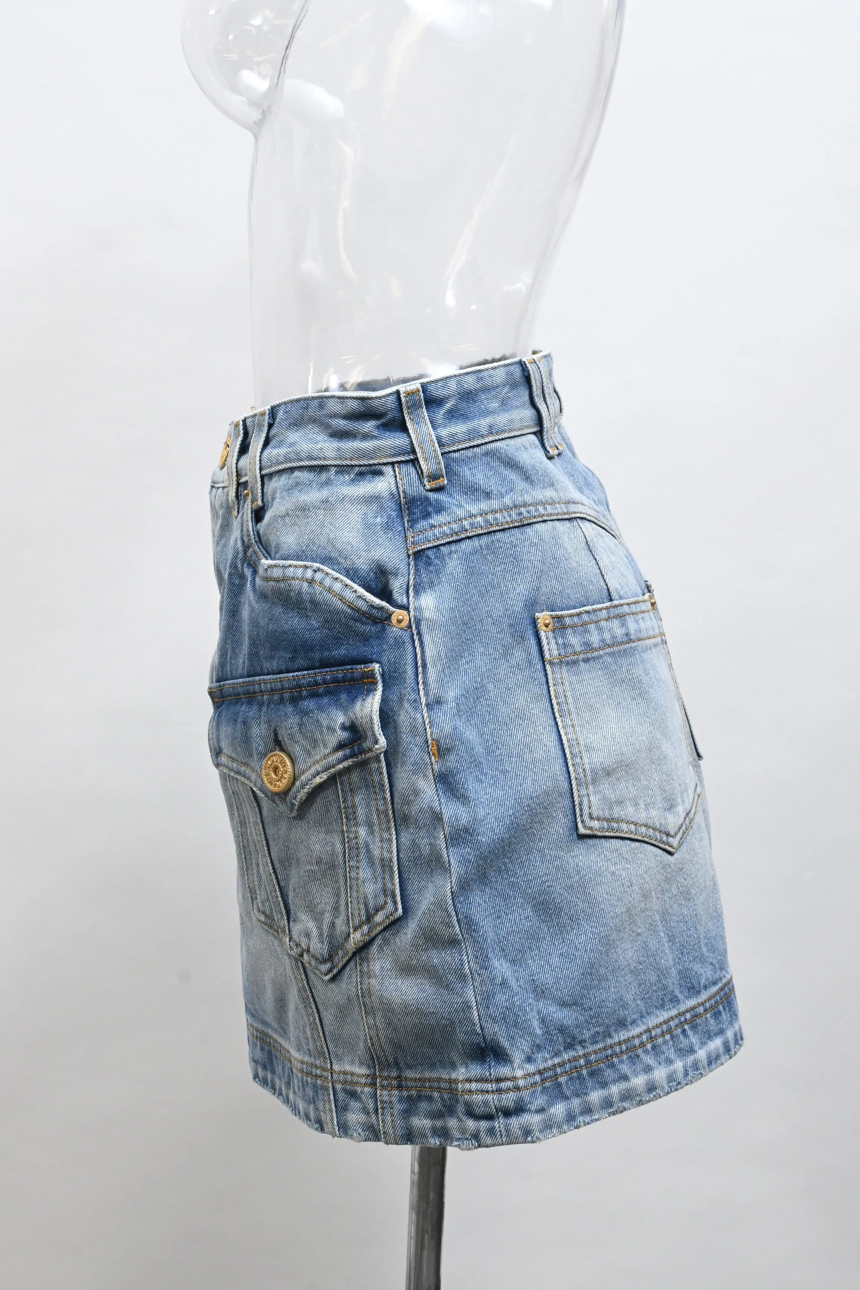 Balmain Mini Cargo Skirt in Blue Cotton Denim