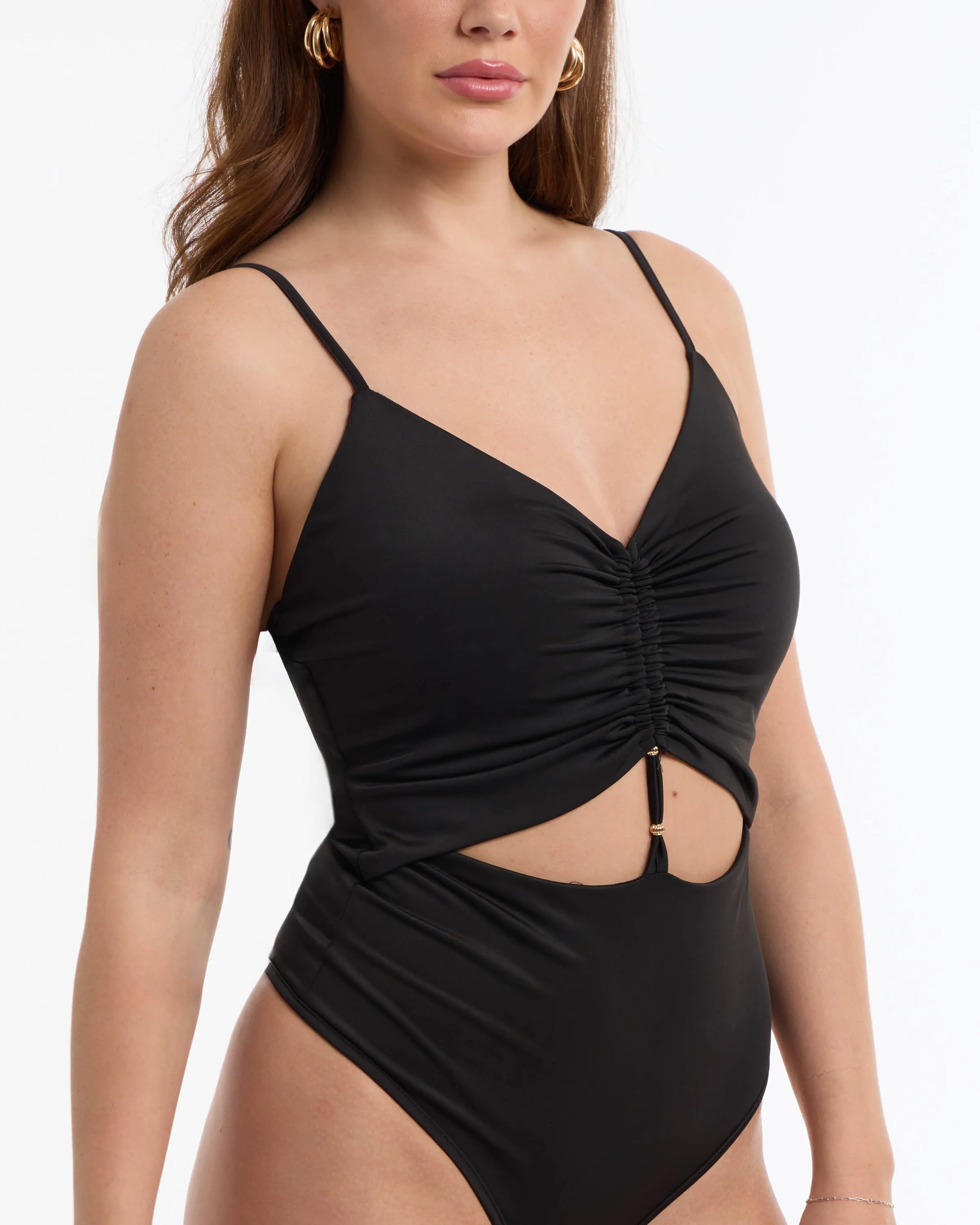 BEBE Women's Front Keyhole Ruched Knit Bodysuit