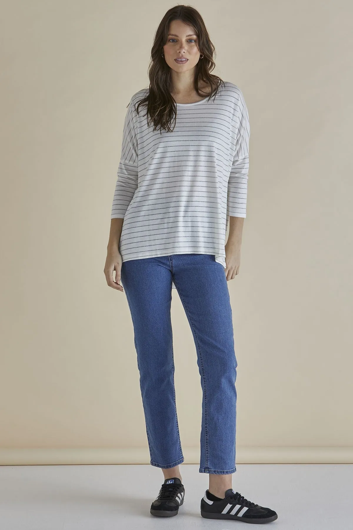 Betty Basics Milan 3/4 Sleeve Top White Lurex Stripe