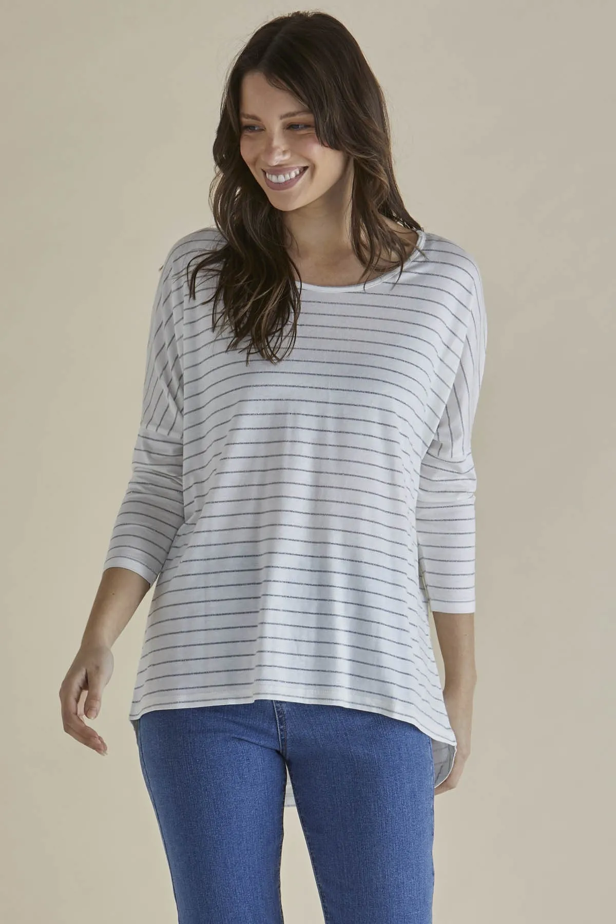 Betty Basics Milan 3/4 Sleeve Top White Lurex Stripe