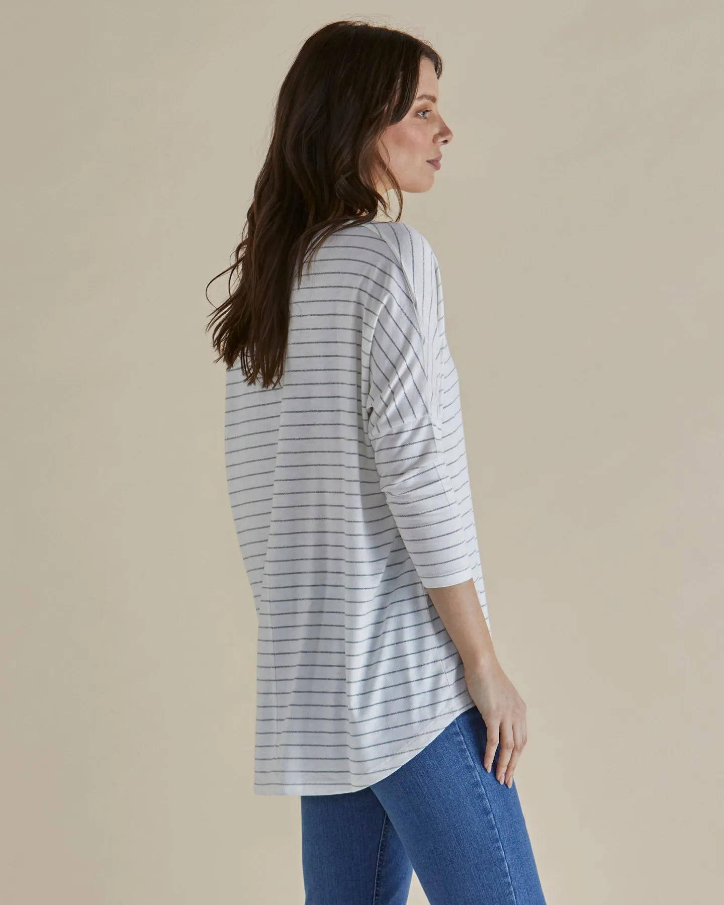 Betty Basics Milan 3/4 Sleeve Top White Lurex Stripe