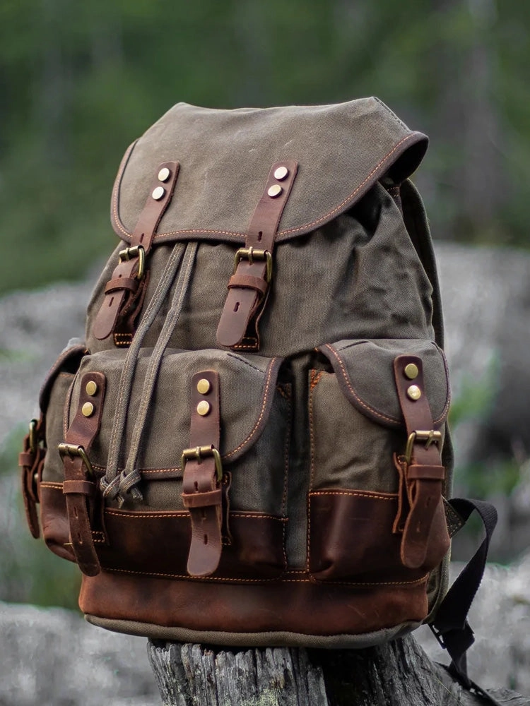Canvas And Leather Backpack Hiking Backpack for Men Waxed Canvas Backpack With Laptop Compartment