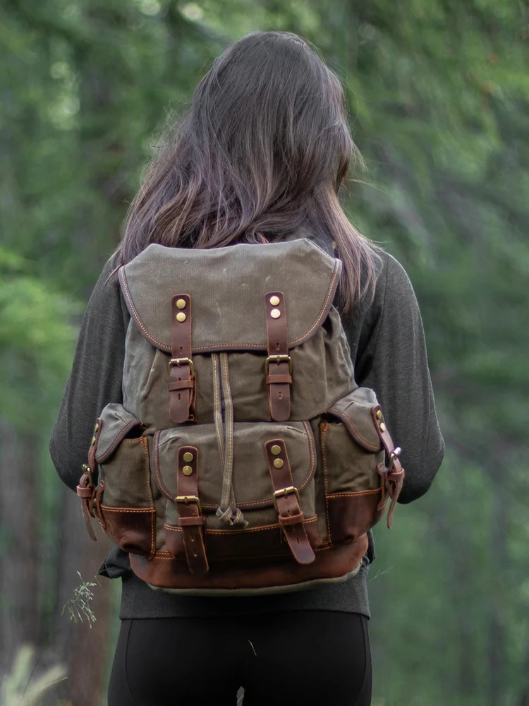Canvas And Leather Backpack Hiking Backpack for Men Waxed Canvas Backpack With Laptop Compartment