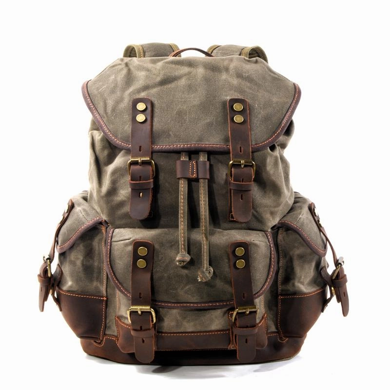 Canvas And Leather Backpack Hiking Backpack for Men Waxed Canvas Backpack With Laptop Compartment