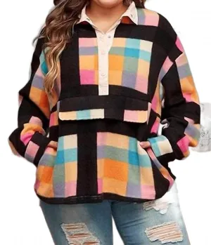 Checkered Print Sherpa Henley Sweatshirt - Plus In Black Multi