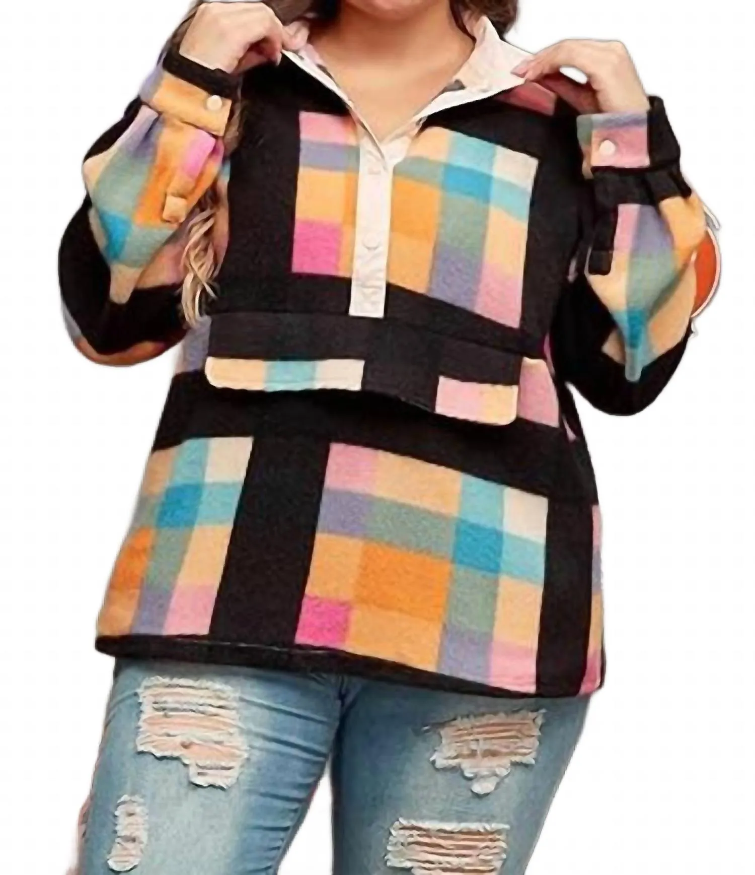 Checkered Print Sherpa Henley Sweatshirt - Plus In Black Multi