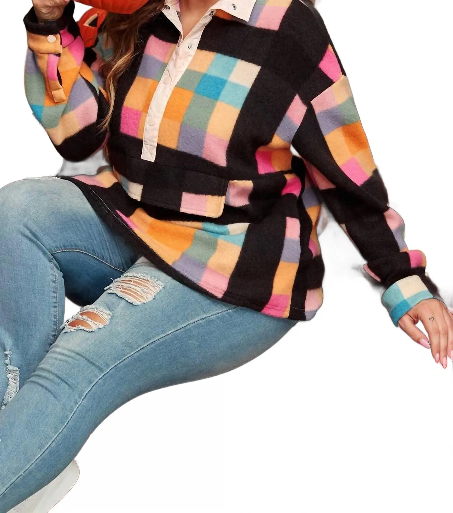 Checkered Print Sherpa Henley Sweatshirt - Plus In Black Multi