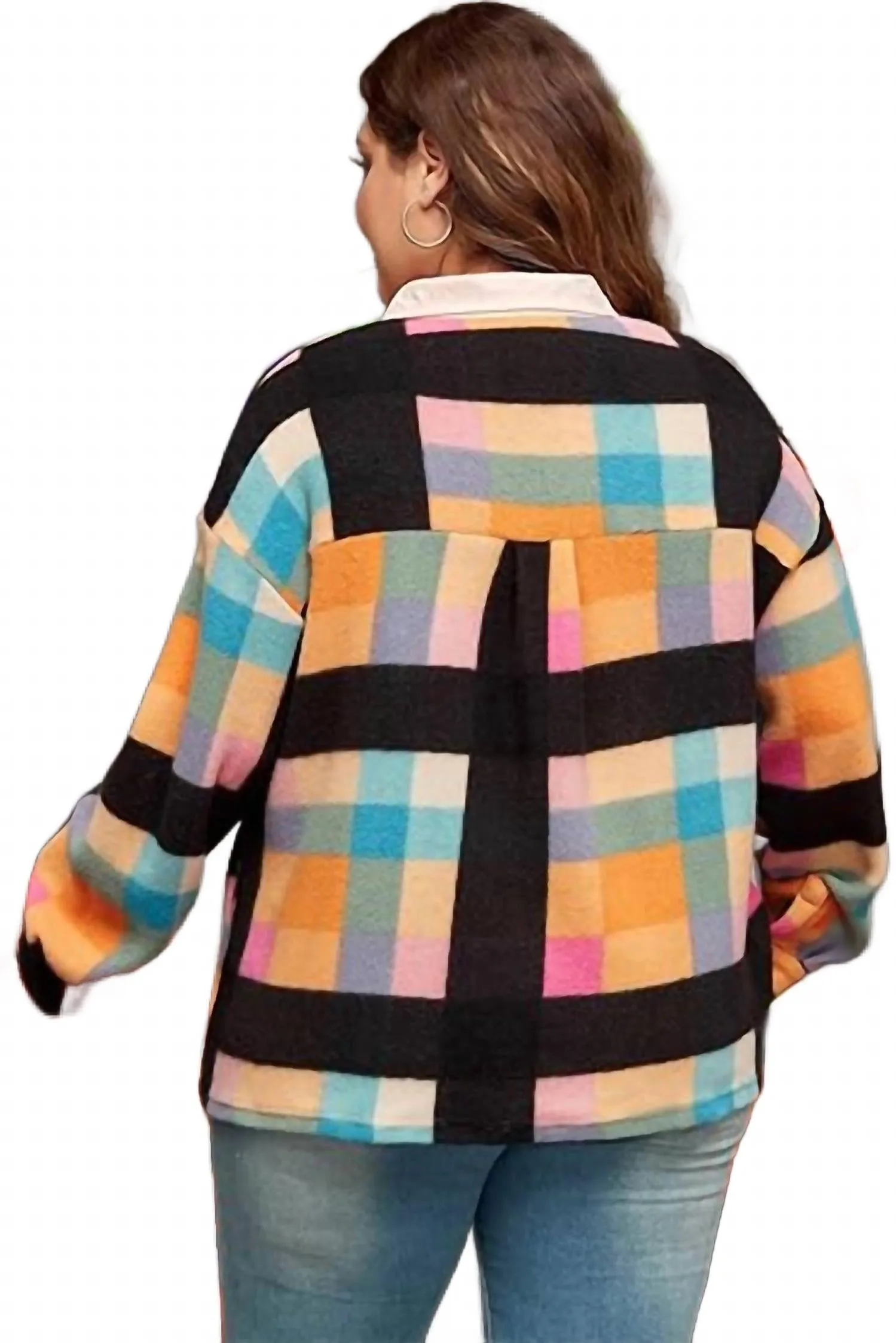 Checkered Print Sherpa Henley Sweatshirt - Plus In Black Multi