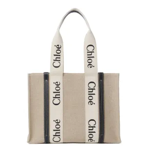 Chloé Bags Woody Tote Medium Linen, Full Blue