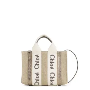 Chloé Bags Woody Tote Mini Strap Linen, Metallic Grey