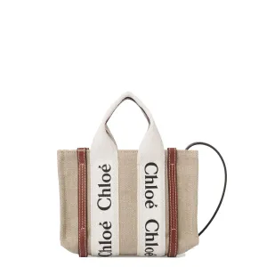 Chloé Bags Woody Tote Mini Strap Linen, White/Brown