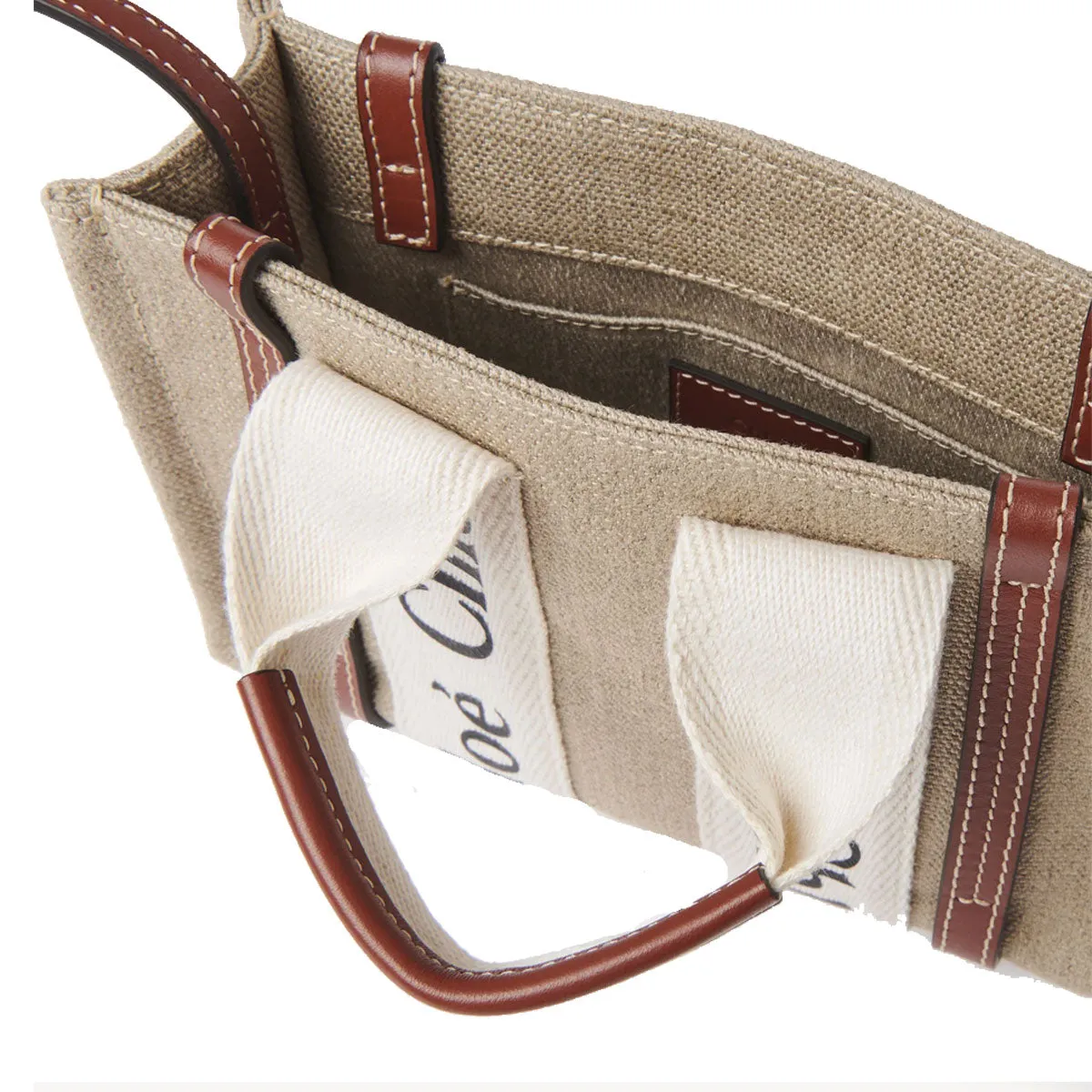 Chloé Bags Woody Tote Mini Strap Linen, White/Brown