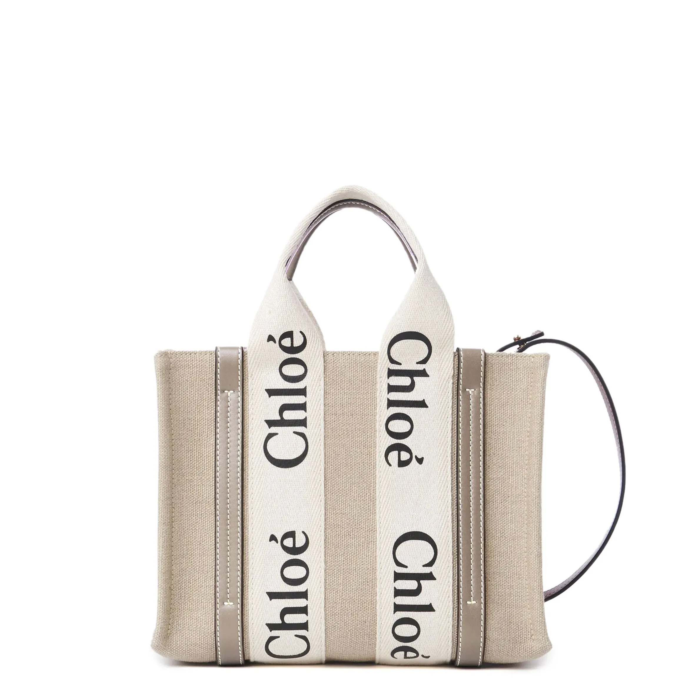 Chloé Bags Woody Tote Small Strap Linen, Musk Grey
