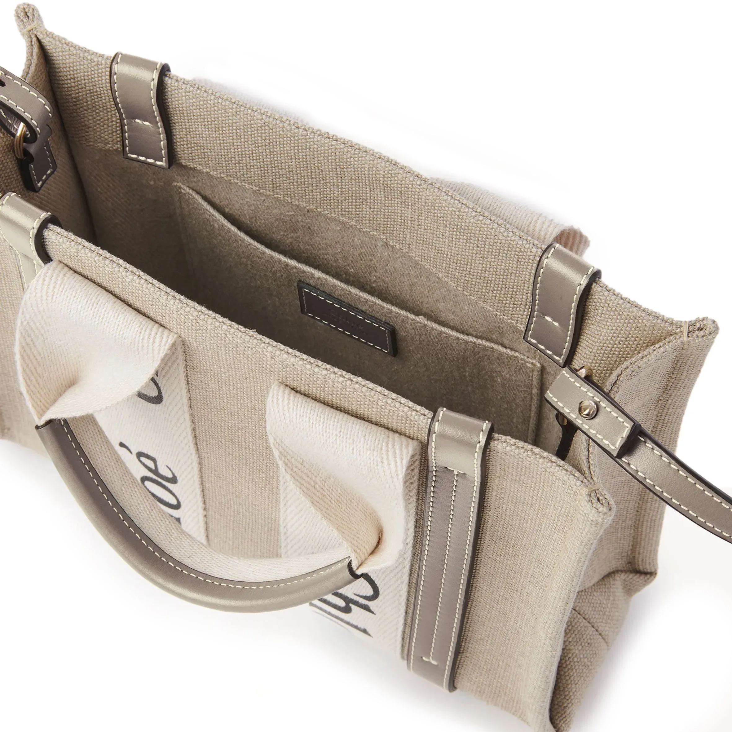 Chloé Bags Woody Tote Small Strap Linen, Musk Grey