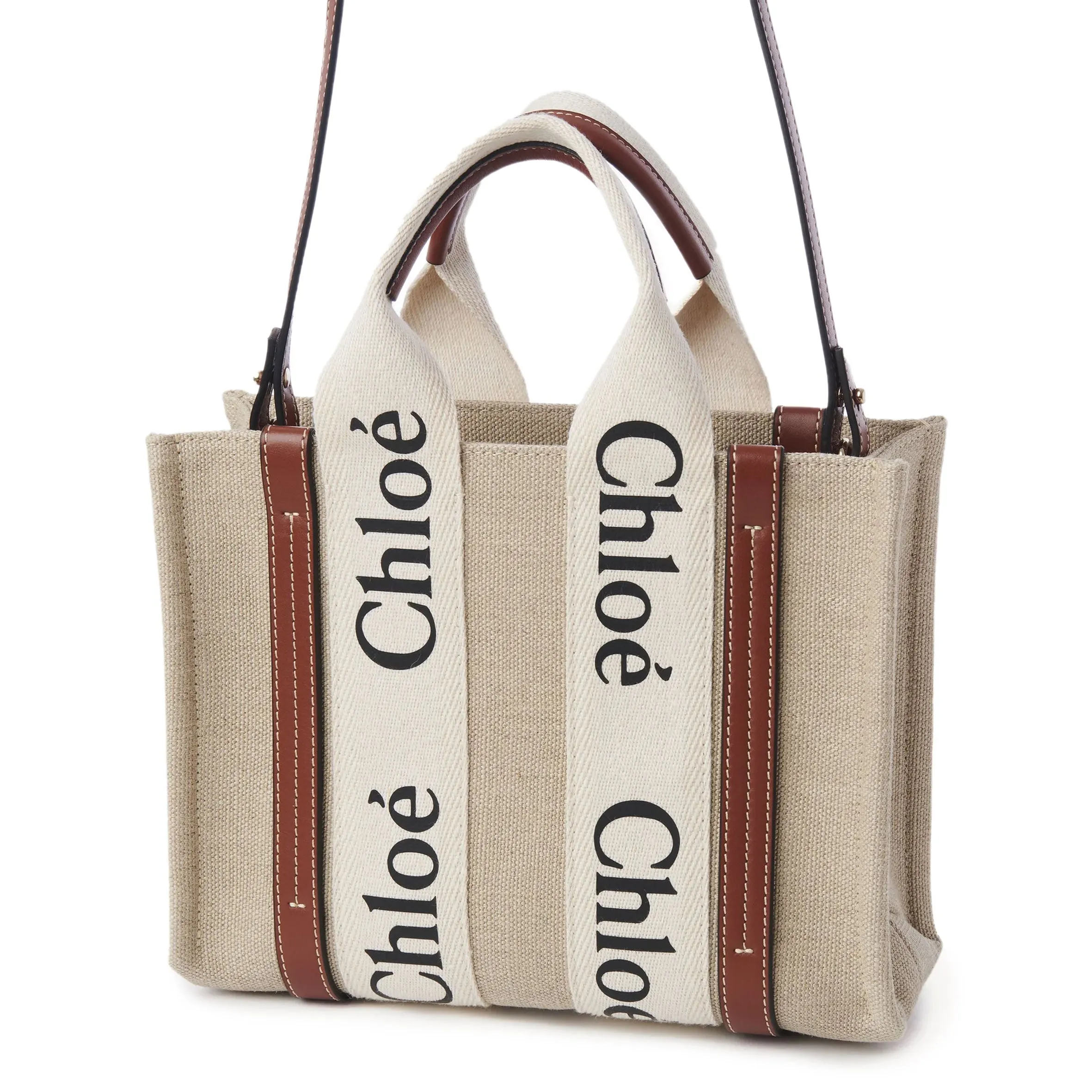 Chloé Bags Woody Tote Small Strap Linen, White/Brown