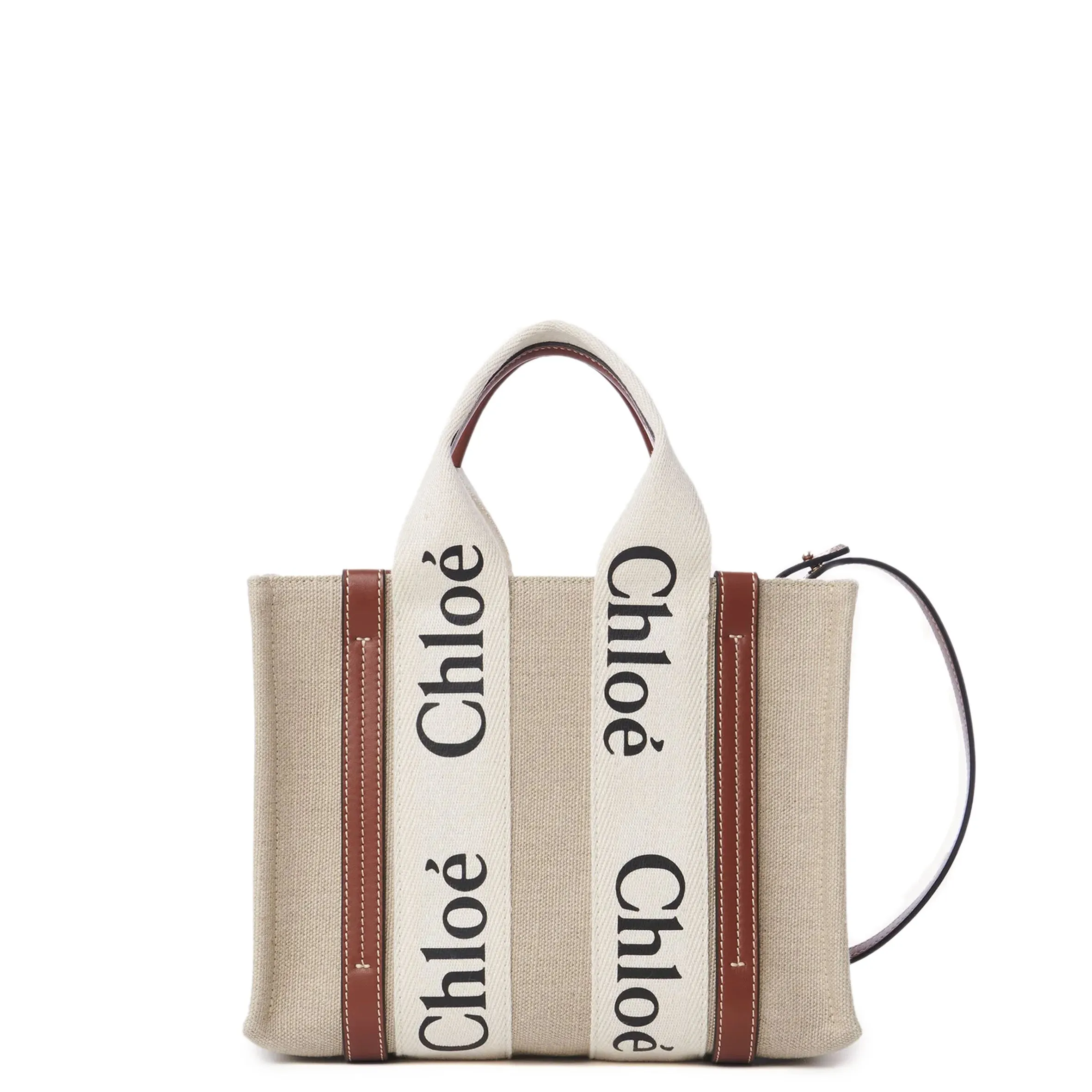 Chloé Bags Woody Tote Small Strap Linen, White/Brown