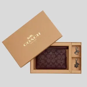 Coach Bags COACH Boxed Corner Zip Wristlet In Signature Canvas With Charms Wine Multi CW958
