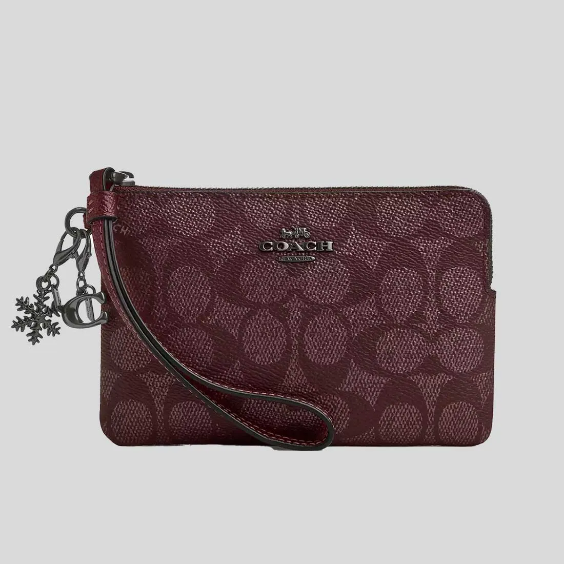 Coach Bags COACH Boxed Corner Zip Wristlet In Signature Canvas With Charms Wine Multi CW958