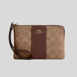 Coach Bags COACH Corner Zip Wristlet In Signature Canvas With Stripe Tan/Brown CW854