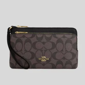 Coach Bags COACH Double Zip Wallet In Signature Canvas Brown/Black CU920