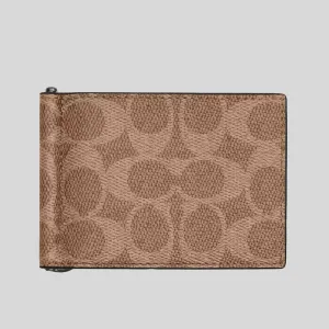 Coach Bags COACH Slim Money Clip Billfold Wallet In Signature Canvas Tan/Black CY059
