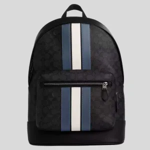 Coach Bags COACH West Backpack In Signature Canvas With Varsity Stripe Charcoal/Denim/Chalk CV922