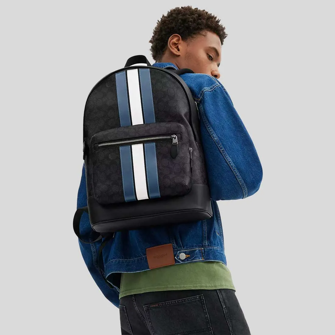 Coach Bags COACH West Backpack In Signature Canvas With Varsity Stripe Charcoal/Denim/Chalk CV922