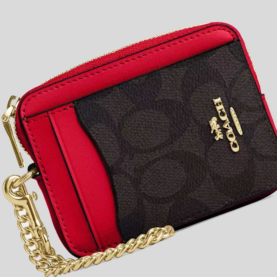 Coach Bags COACH Zip Card Case In Signature Canvas Walnut/Bold Red CW883