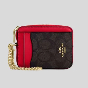 Coach Bags COACH Zip Card Case In Signature Canvas Walnut/Bold Red CW883