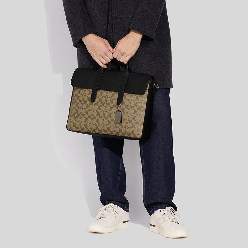 Coach Crossbody Bag COACH Sullivan Portfolio Brief In Signature Canvas Khaki/Black C9873