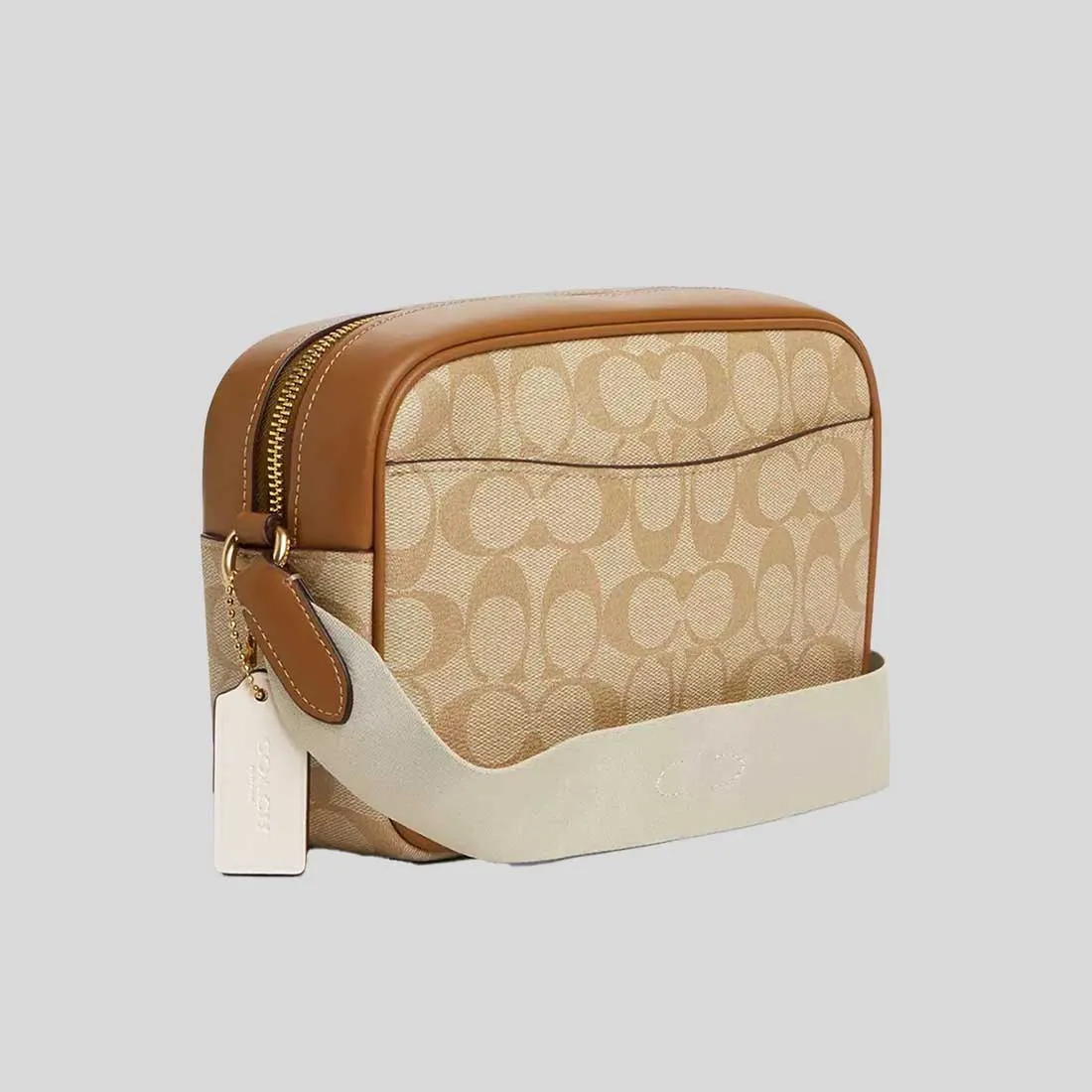 coach Handbags COACH Jamie Camera Bag In Signature Canvas With Stripe Light Khaki/Chalk Saddle CT255
