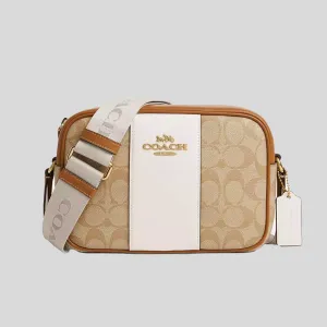 coach Handbags COACH Jamie Camera Bag In Signature Canvas With Stripe Light Khaki/Chalk Saddle CT255