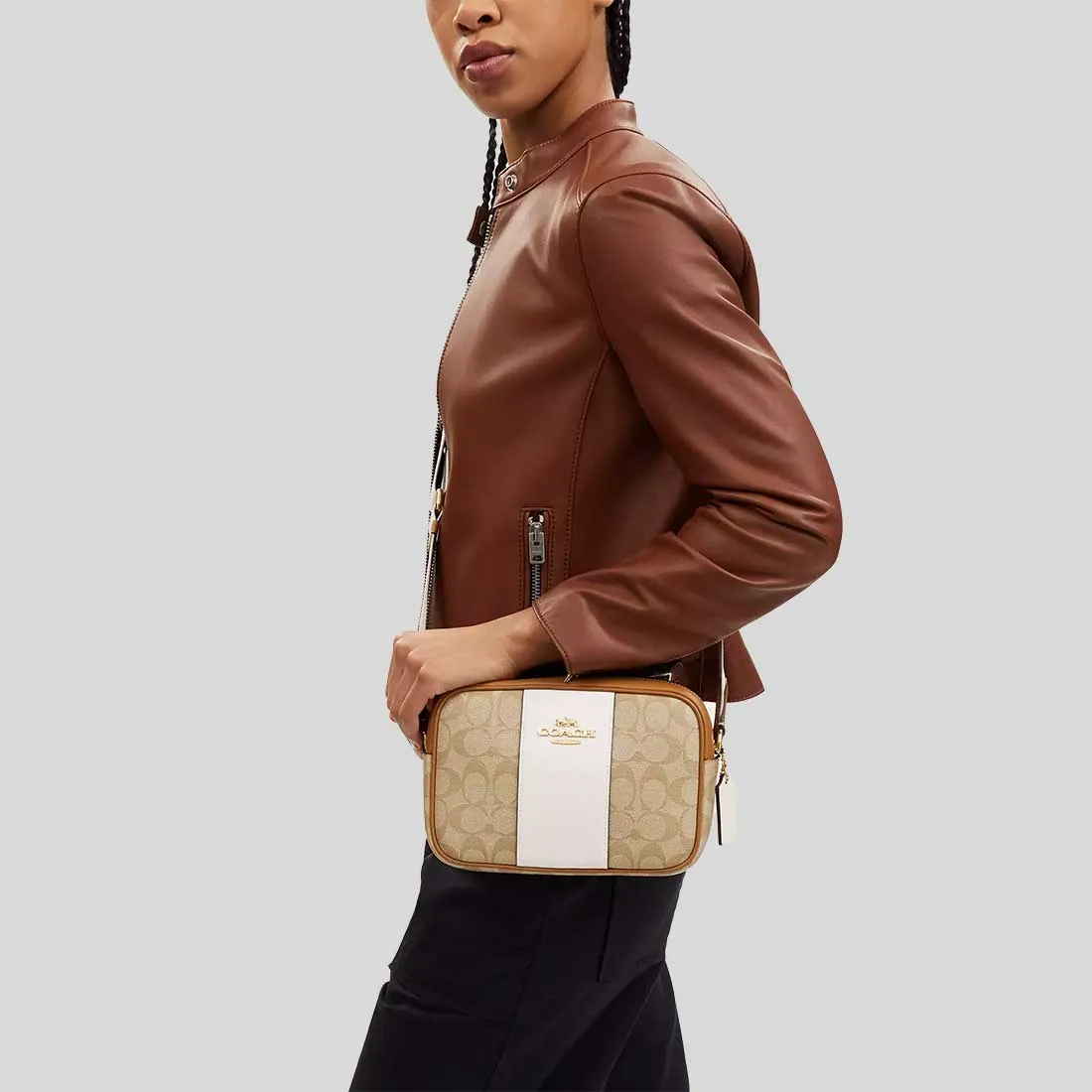 coach Handbags COACH Jamie Camera Bag In Signature Canvas With Stripe Light Khaki/Chalk Saddle CT255