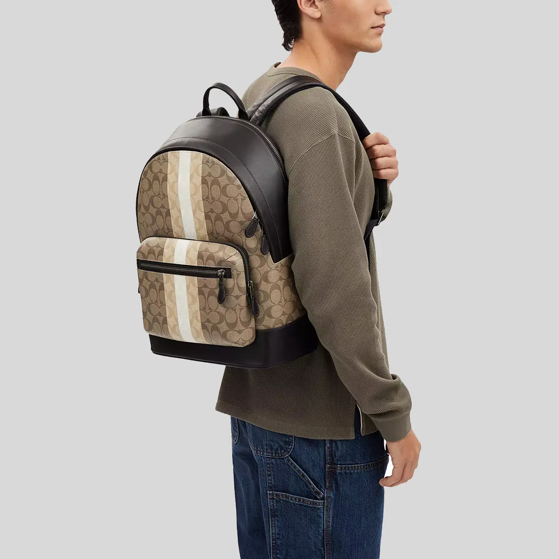 coach Handbags COACH West Backpack In Blocked Signature Canvas With Varsity Stripe Khaki Multi CQ629
