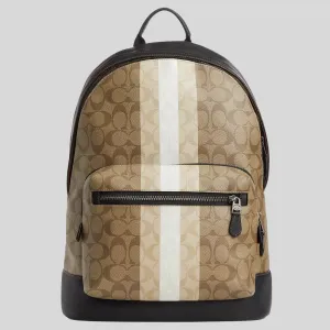 coach Handbags COACH West Backpack In Blocked Signature Canvas With Varsity Stripe Khaki Multi CQ629
