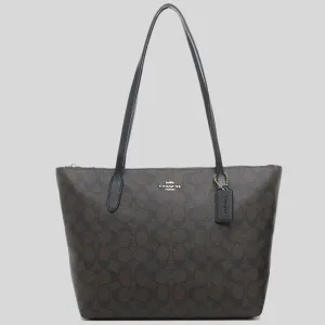 coach Handbags COACH Zip Top Tote In Signature Canvas Brown Black 4455