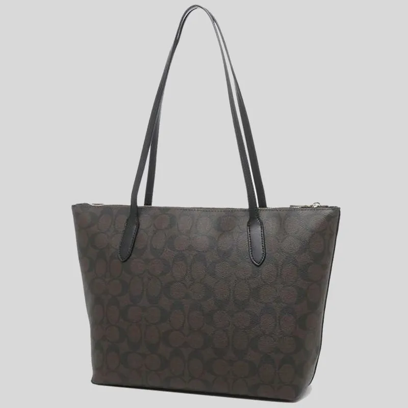 coach Handbags COACH Zip Top Tote In Signature Canvas Brown Black 4455