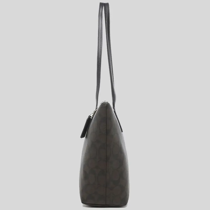 coach Handbags COACH Zip Top Tote In Signature Canvas Brown Black 4455