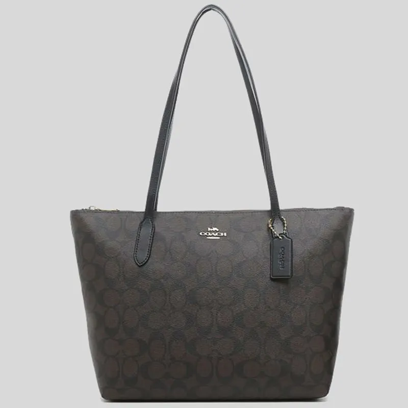 coach Handbags COACH Zip Top Tote In Signature Canvas Brown Black 4455