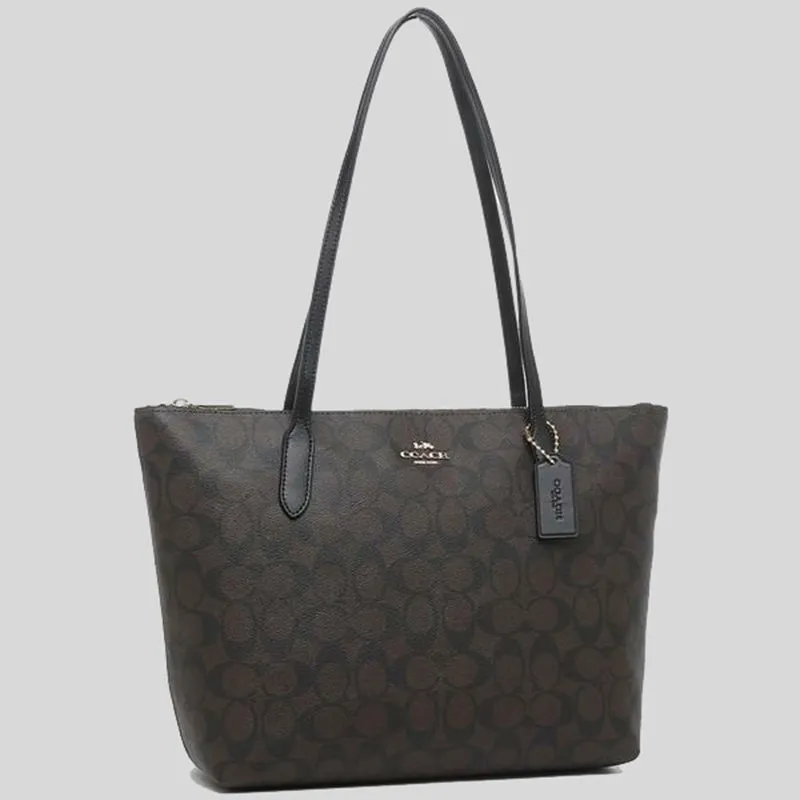 coach Handbags COACH Zip Top Tote In Signature Canvas Brown Black 4455