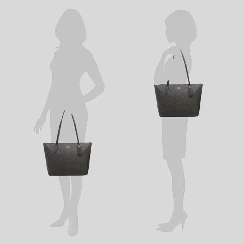 coach Handbags COACH Zip Top Tote In Signature Canvas Brown Black 4455