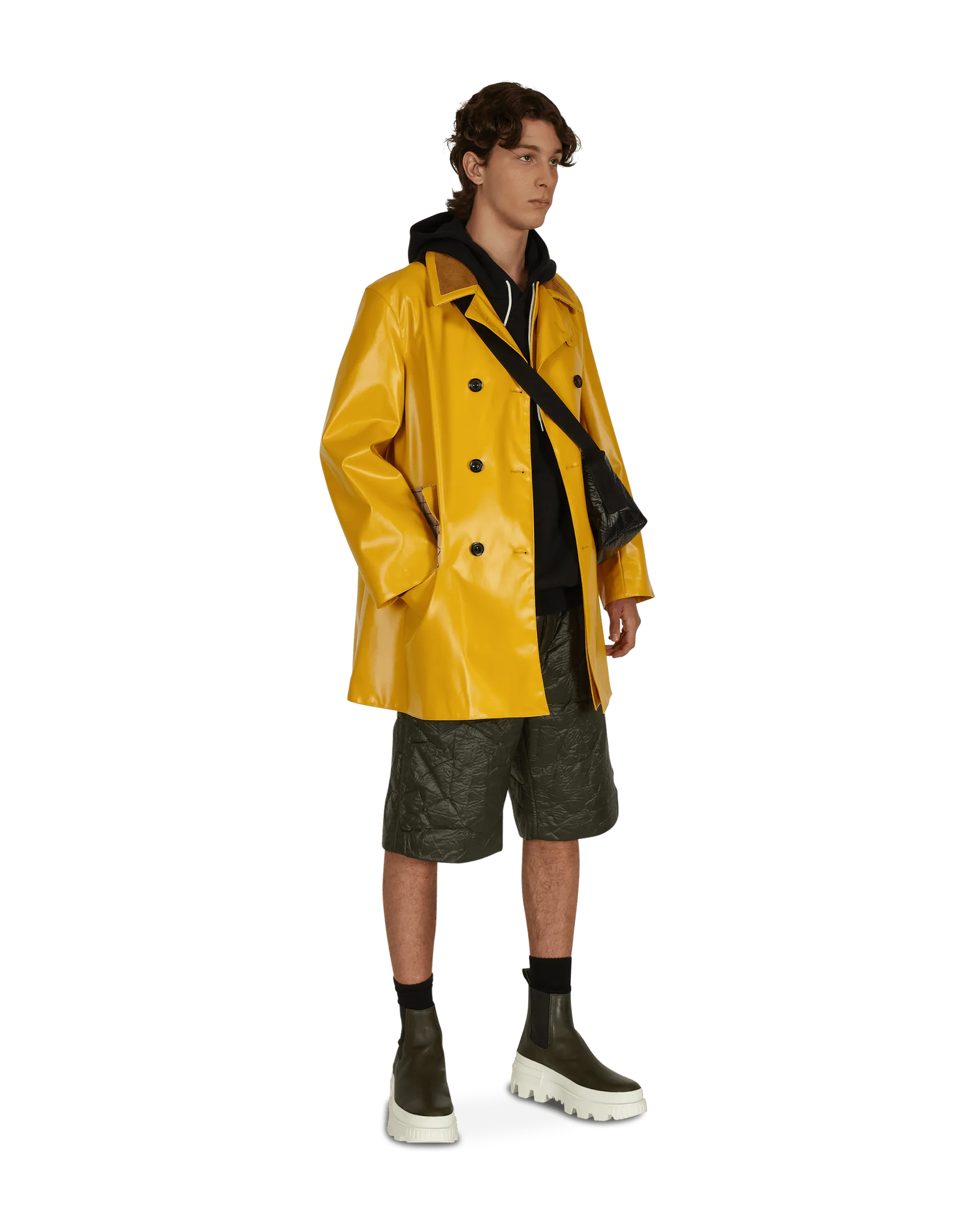 Coated Cotton Double Breasted Raincoat Yellow