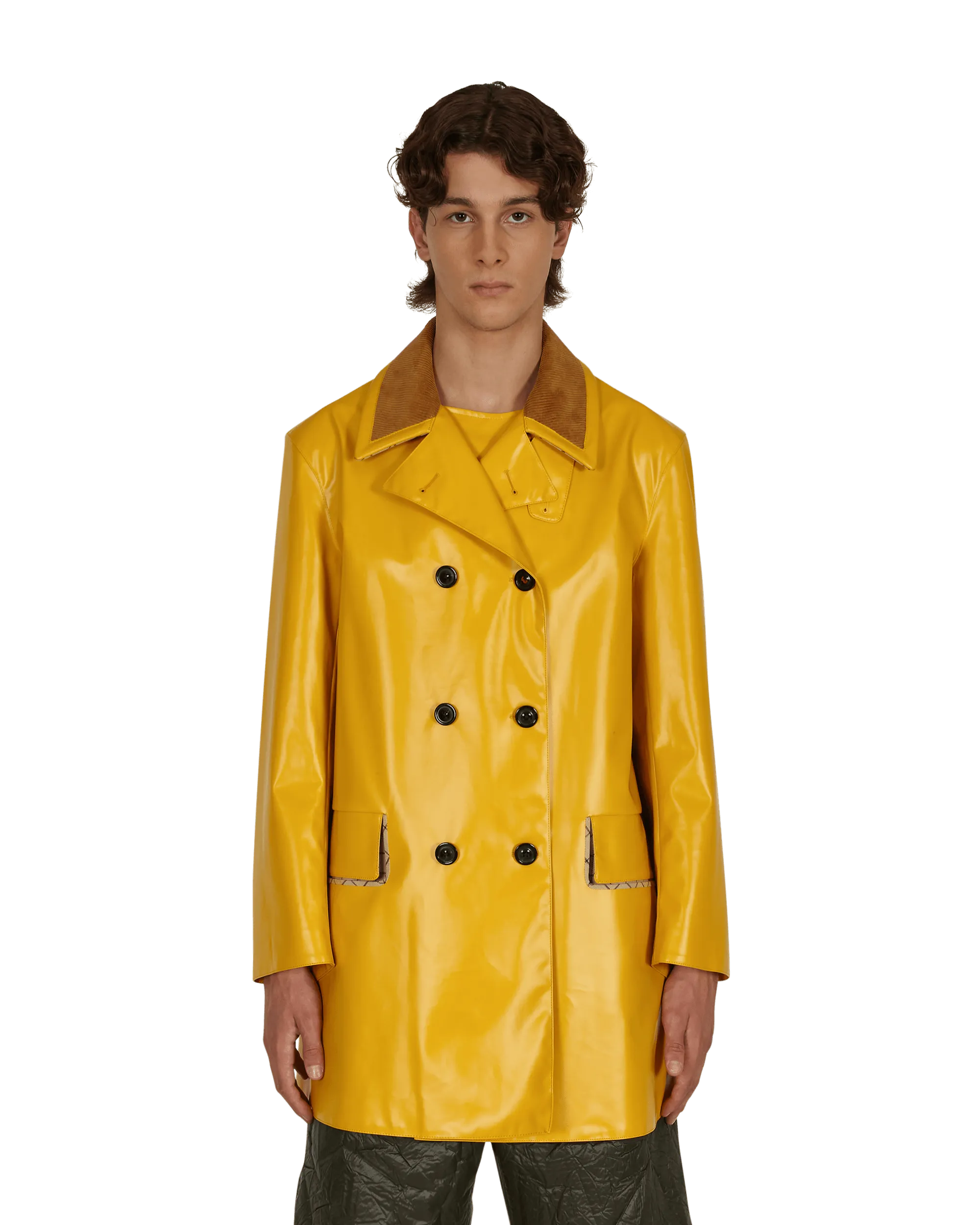 Coated Cotton Double Breasted Raincoat Yellow