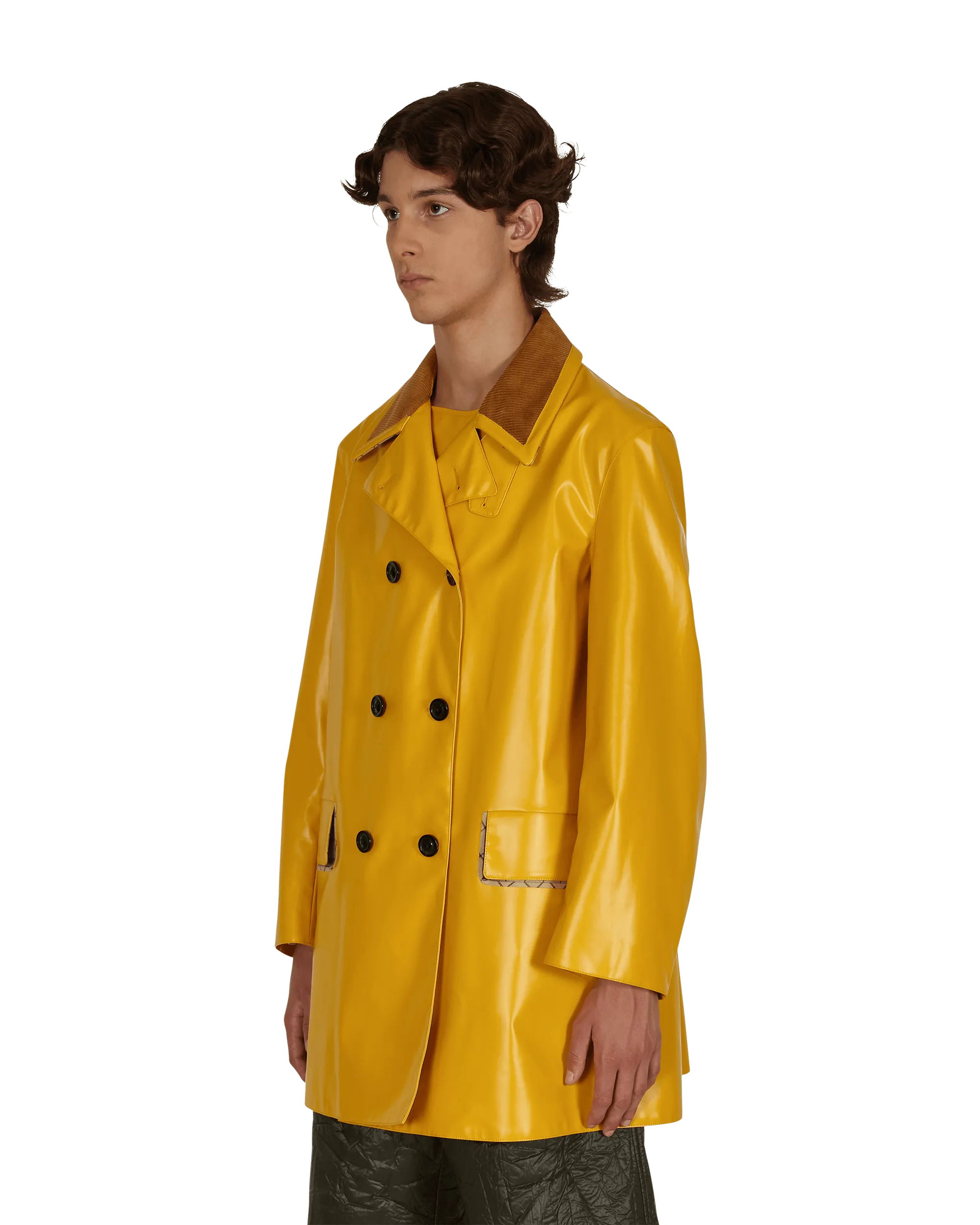Coated Cotton Double Breasted Raincoat Yellow